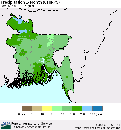 Bangladesh Precipitation 1-Month (CHIRPS) Thematic Map For 10/16/2021 - 11/15/2021