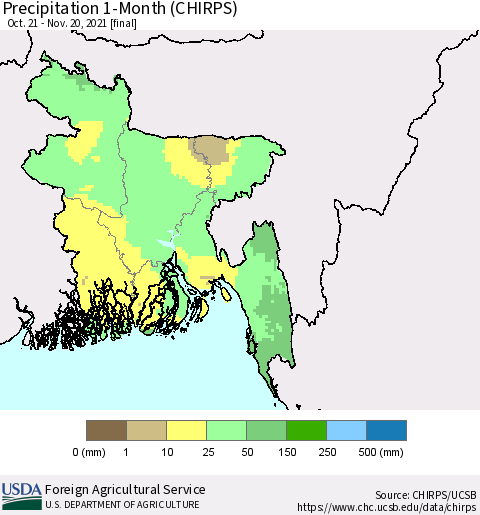 Bangladesh Precipitation 1-Month (CHIRPS) Thematic Map For 10/21/2021 - 11/20/2021