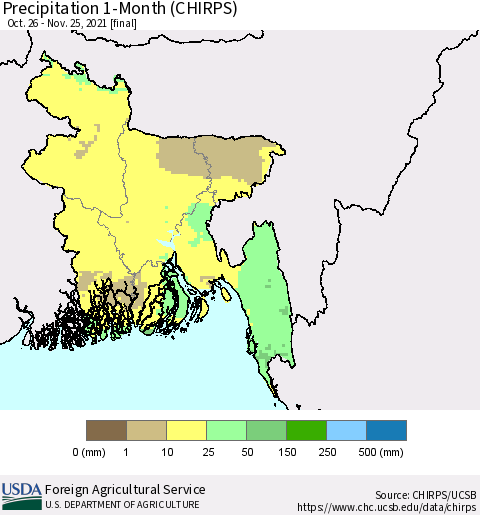 Bangladesh Precipitation 1-Month (CHIRPS) Thematic Map For 10/26/2021 - 11/25/2021