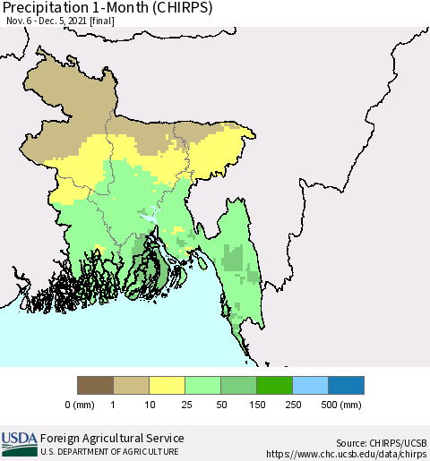 Bangladesh Precipitation 1-Month (CHIRPS) Thematic Map For 11/6/2021 - 12/5/2021