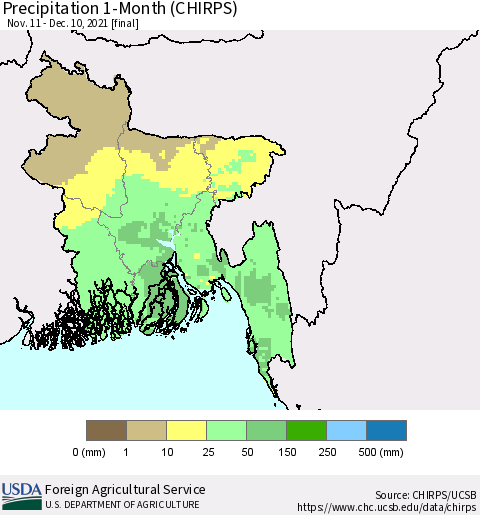 Bangladesh Precipitation 1-Month (CHIRPS) Thematic Map For 11/11/2021 - 12/10/2021
