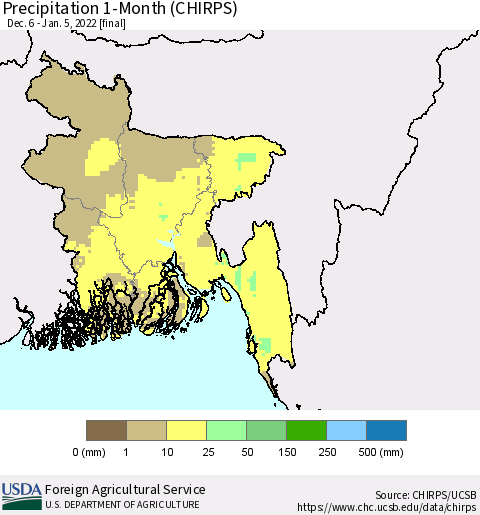 Bangladesh Precipitation 1-Month (CHIRPS) Thematic Map For 12/6/2021 - 1/5/2022