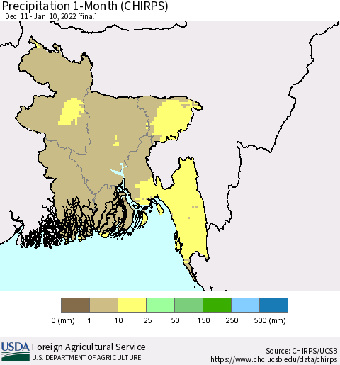 Bangladesh Precipitation 1-Month (CHIRPS) Thematic Map For 12/11/2021 - 1/10/2022