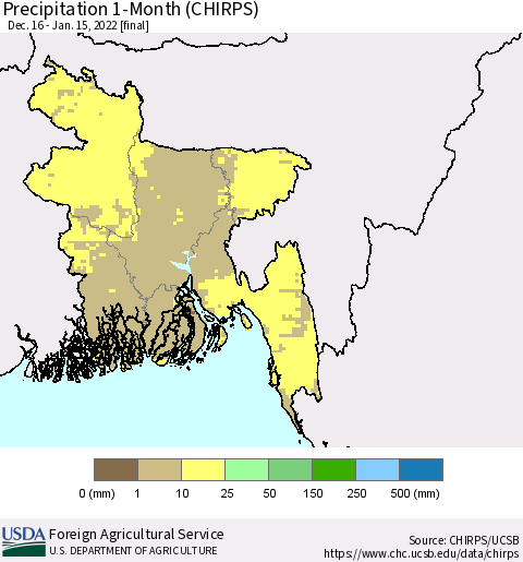 Bangladesh Precipitation 1-Month (CHIRPS) Thematic Map For 12/16/2021 - 1/15/2022
