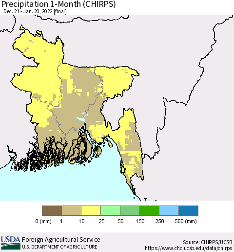 Bangladesh Precipitation 1-Month (CHIRPS) Thematic Map For 12/21/2021 - 1/20/2022