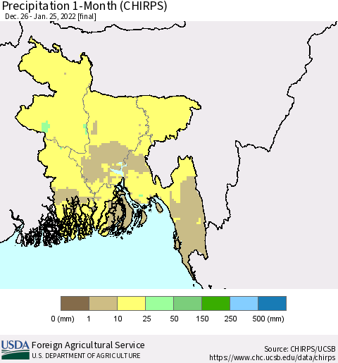 Bangladesh Precipitation 1-Month (CHIRPS) Thematic Map For 12/26/2021 - 1/25/2022