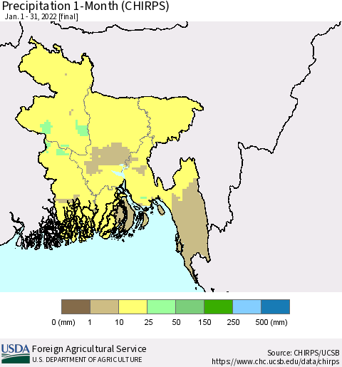Bangladesh Precipitation 1-Month (CHIRPS) Thematic Map For 1/1/2022 - 1/31/2022