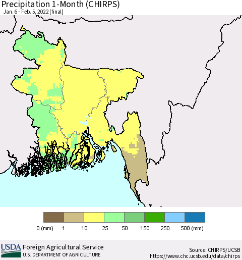 Bangladesh Precipitation 1-Month (CHIRPS) Thematic Map For 1/6/2022 - 2/5/2022
