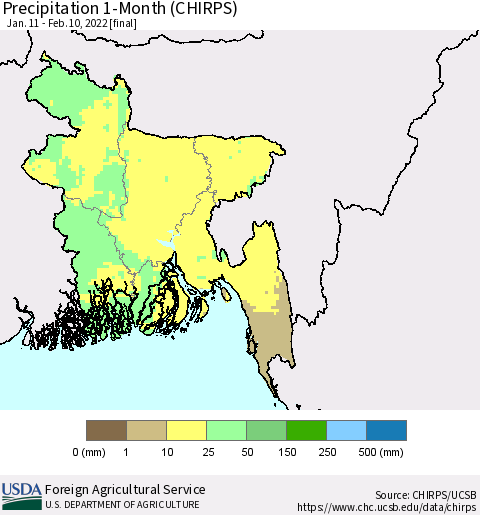 Bangladesh Precipitation 1-Month (CHIRPS) Thematic Map For 1/11/2022 - 2/10/2022