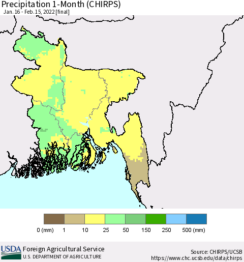 Bangladesh Precipitation 1-Month (CHIRPS) Thematic Map For 1/16/2022 - 2/15/2022