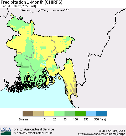 Bangladesh Precipitation 1-Month (CHIRPS) Thematic Map For 1/21/2022 - 2/20/2022