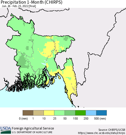 Bangladesh Precipitation 1-Month (CHIRPS) Thematic Map For 1/26/2022 - 2/25/2022