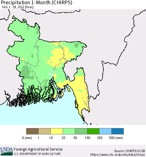 Bangladesh Precipitation 1-Month (CHIRPS) Thematic Map For 2/1/2022 - 2/28/2022