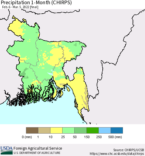 Bangladesh Precipitation 1-Month (CHIRPS) Thematic Map For 2/6/2022 - 3/5/2022