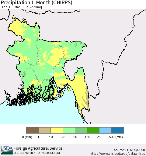 Bangladesh Precipitation 1-Month (CHIRPS) Thematic Map For 2/11/2022 - 3/10/2022