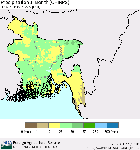 Bangladesh Precipitation 1-Month (CHIRPS) Thematic Map For 2/16/2022 - 3/15/2022