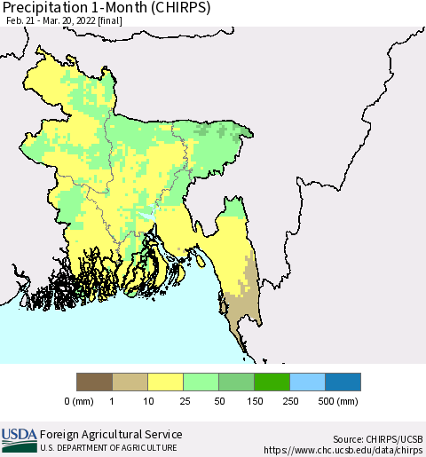 Bangladesh Precipitation 1-Month (CHIRPS) Thematic Map For 2/21/2022 - 3/20/2022