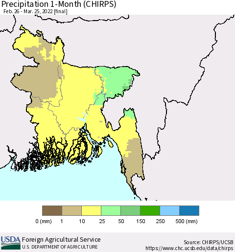 Bangladesh Precipitation 1-Month (CHIRPS) Thematic Map For 2/26/2022 - 3/25/2022