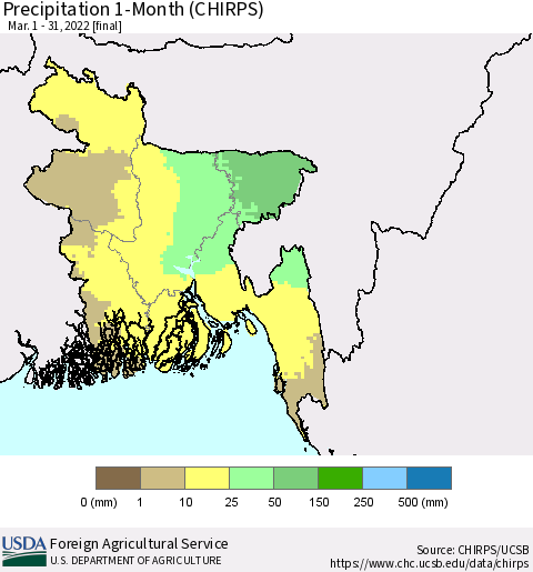 Bangladesh Precipitation 1-Month (CHIRPS) Thematic Map For 3/1/2022 - 3/31/2022