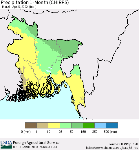 Bangladesh Precipitation 1-Month (CHIRPS) Thematic Map For 3/6/2022 - 4/5/2022