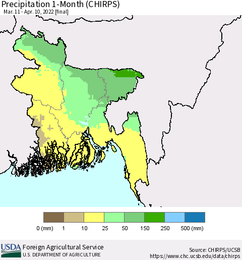 Bangladesh Precipitation 1-Month (CHIRPS) Thematic Map For 3/11/2022 - 4/10/2022