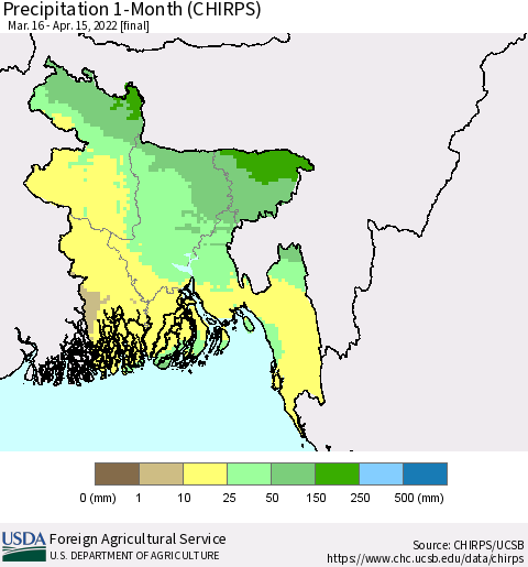 Bangladesh Precipitation 1-Month (CHIRPS) Thematic Map For 3/16/2022 - 4/15/2022