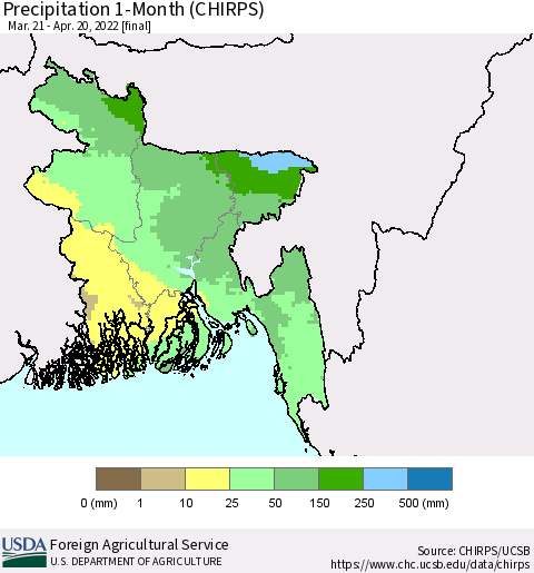 Bangladesh Precipitation 1-Month (CHIRPS) Thematic Map For 3/21/2022 - 4/20/2022