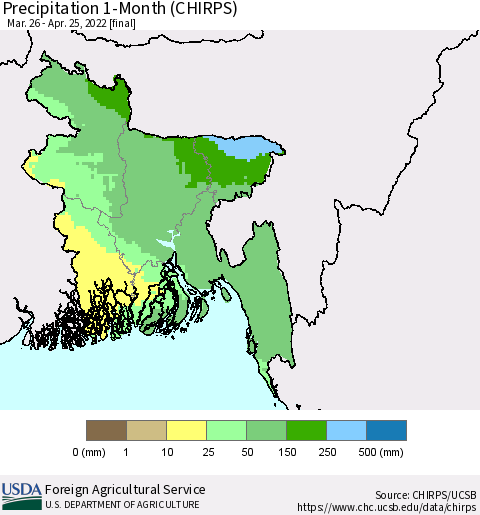 Bangladesh Precipitation 1-Month (CHIRPS) Thematic Map For 3/26/2022 - 4/25/2022