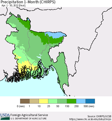 Bangladesh Precipitation 1-Month (CHIRPS) Thematic Map For 4/1/2022 - 4/30/2022