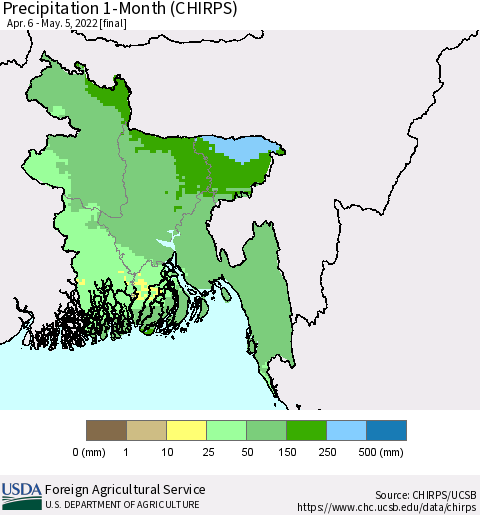 Bangladesh Precipitation 1-Month (CHIRPS) Thematic Map For 4/6/2022 - 5/5/2022