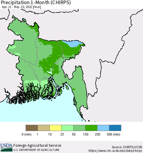 Bangladesh Precipitation 1-Month (CHIRPS) Thematic Map For 4/11/2022 - 5/10/2022