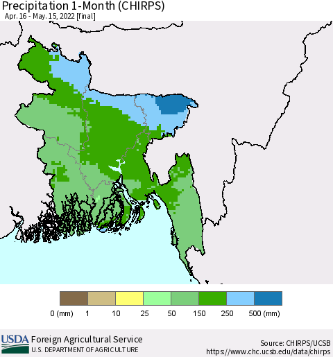 Bangladesh Precipitation 1-Month (CHIRPS) Thematic Map For 4/16/2022 - 5/15/2022