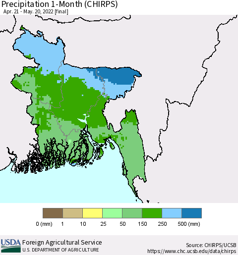 Bangladesh Precipitation 1-Month (CHIRPS) Thematic Map For 4/21/2022 - 5/20/2022