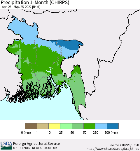 Bangladesh Precipitation 1-Month (CHIRPS) Thematic Map For 4/26/2022 - 5/25/2022
