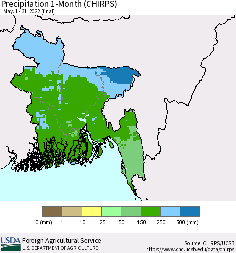 Bangladesh Precipitation 1-Month (CHIRPS) Thematic Map For 5/1/2022 - 5/31/2022