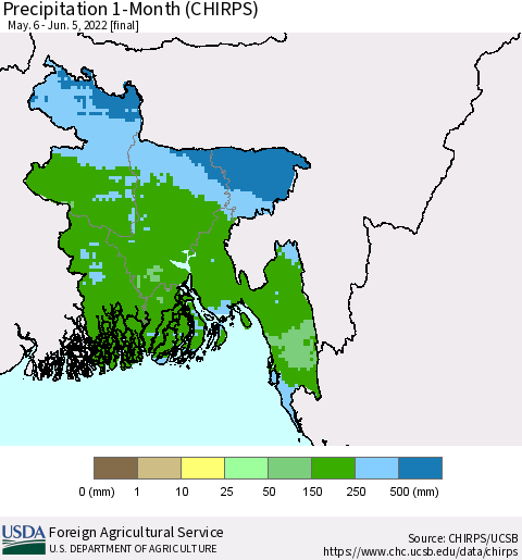 Bangladesh Precipitation 1-Month (CHIRPS) Thematic Map For 5/6/2022 - 6/5/2022