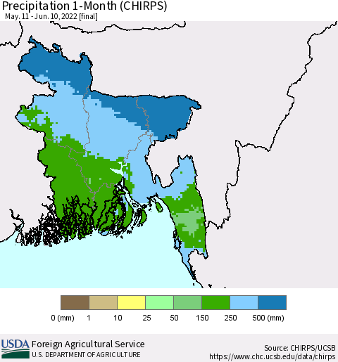 Bangladesh Precipitation 1-Month (CHIRPS) Thematic Map For 5/11/2022 - 6/10/2022