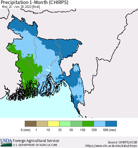 Bangladesh Precipitation 1-Month (CHIRPS) Thematic Map For 5/21/2022 - 6/20/2022
