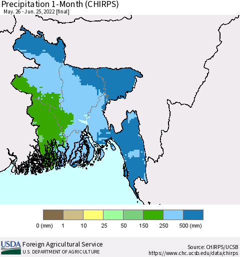 Bangladesh Precipitation 1-Month (CHIRPS) Thematic Map For 5/26/2022 - 6/25/2022