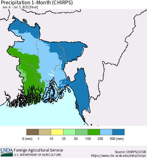 Bangladesh Precipitation 1-Month (CHIRPS) Thematic Map For 6/6/2022 - 7/5/2022