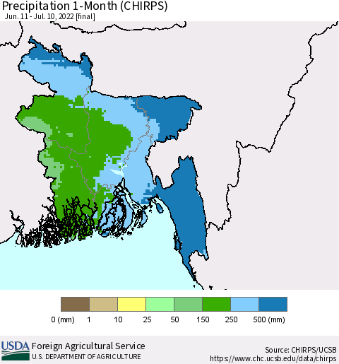 Bangladesh Precipitation 1-Month (CHIRPS) Thematic Map For 6/11/2022 - 7/10/2022