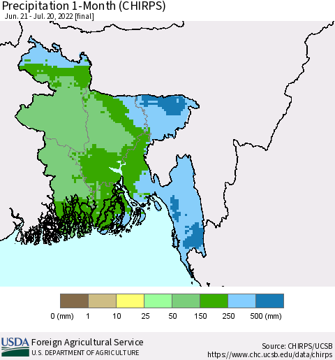 Bangladesh Precipitation 1-Month (CHIRPS) Thematic Map For 6/21/2022 - 7/20/2022