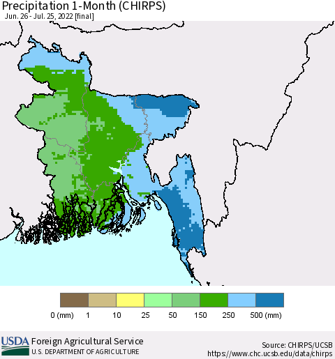 Bangladesh Precipitation 1-Month (CHIRPS) Thematic Map For 6/26/2022 - 7/25/2022