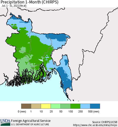 Bangladesh Precipitation 1-Month (CHIRPS) Thematic Map For 7/1/2022 - 7/31/2022