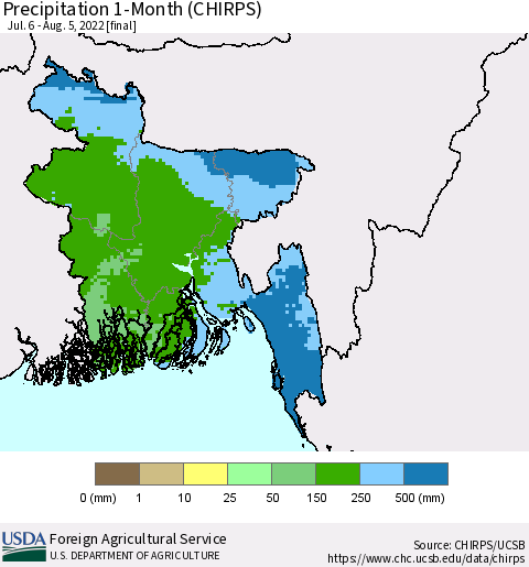 Bangladesh Precipitation 1-Month (CHIRPS) Thematic Map For 7/6/2022 - 8/5/2022