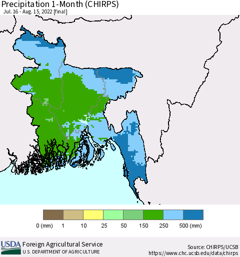 Bangladesh Precipitation 1-Month (CHIRPS) Thematic Map For 7/16/2022 - 8/15/2022