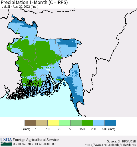 Bangladesh Precipitation 1-Month (CHIRPS) Thematic Map For 7/21/2022 - 8/20/2022