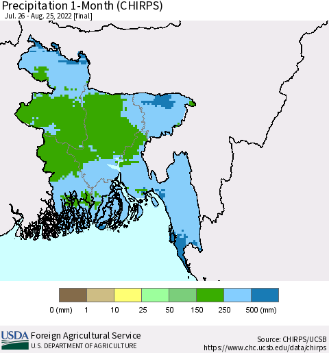 Bangladesh Precipitation 1-Month (CHIRPS) Thematic Map For 7/26/2022 - 8/25/2022