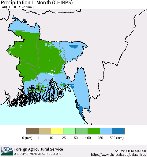 Bangladesh Precipitation 1-Month (CHIRPS) Thematic Map For 8/1/2022 - 8/31/2022