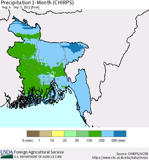 Bangladesh Precipitation 1-Month (CHIRPS) Thematic Map For 8/6/2022 - 9/5/2022